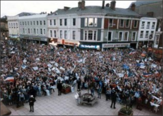 12,000 delerious Rovers fans outside Blackburn Town Hall for the civic reception held in honour of the 1987 Full Members Cup triumph.