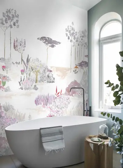 Papier peint panoramique végétal et fleuri pour votre salle de bain, entrée, chambre d'enfants… une idée déco originale et tendance 2025 2026, bohème ou compagne chic, contemporaine.