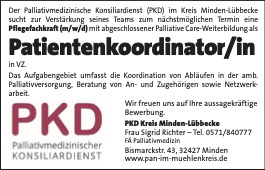 Der PKD im Kreis Minden-Lübbecke sucht zum nächstmöglichen Termin eine/n Patientenkoordinator/in