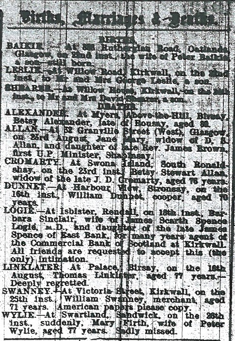 The Orcadian, 30 August 1913.  Kindly supplied by Orkney Islands Council Archives.  