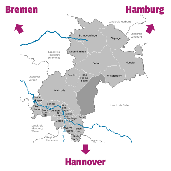 Karte, die die Lage des Landkreises im Städtedreieck Hamburg, Hannover, Bremen zeigt.