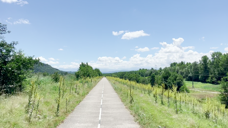 Wir kommen in ein breiteres Tal, wo neben der natürlichen Rhone auch ein breiter Kanal, mit Überlaufkanal und Damm, fliesst. Es wird in einigen Kraftwerken mit Wasserkraft Strom produziert. 