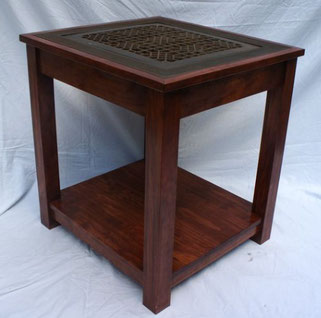 end table with vintage cast iron floor vent grate