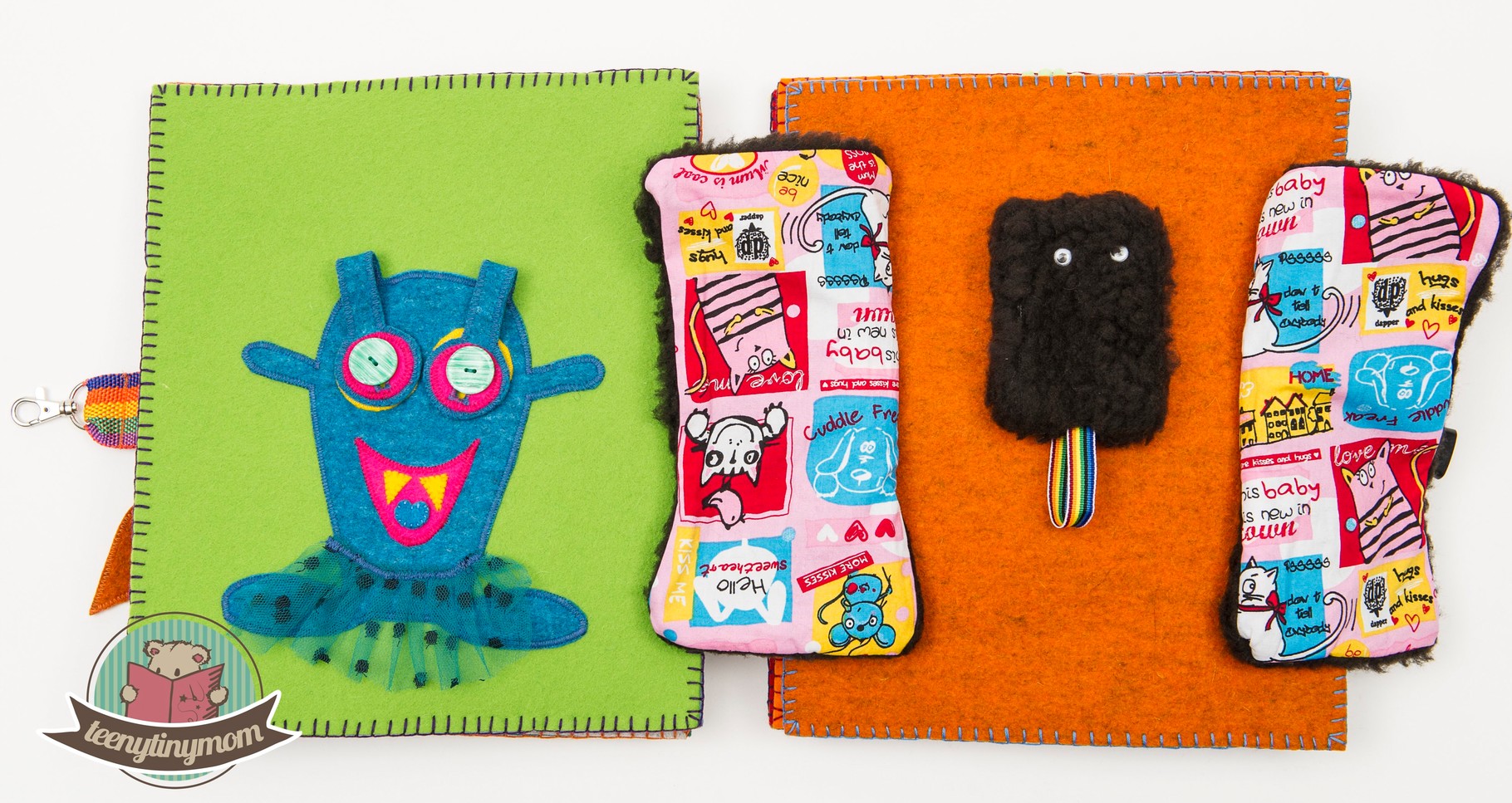 Monstermädchen mit zugeklappten Augen, rechts das versteckte Monsterbaby