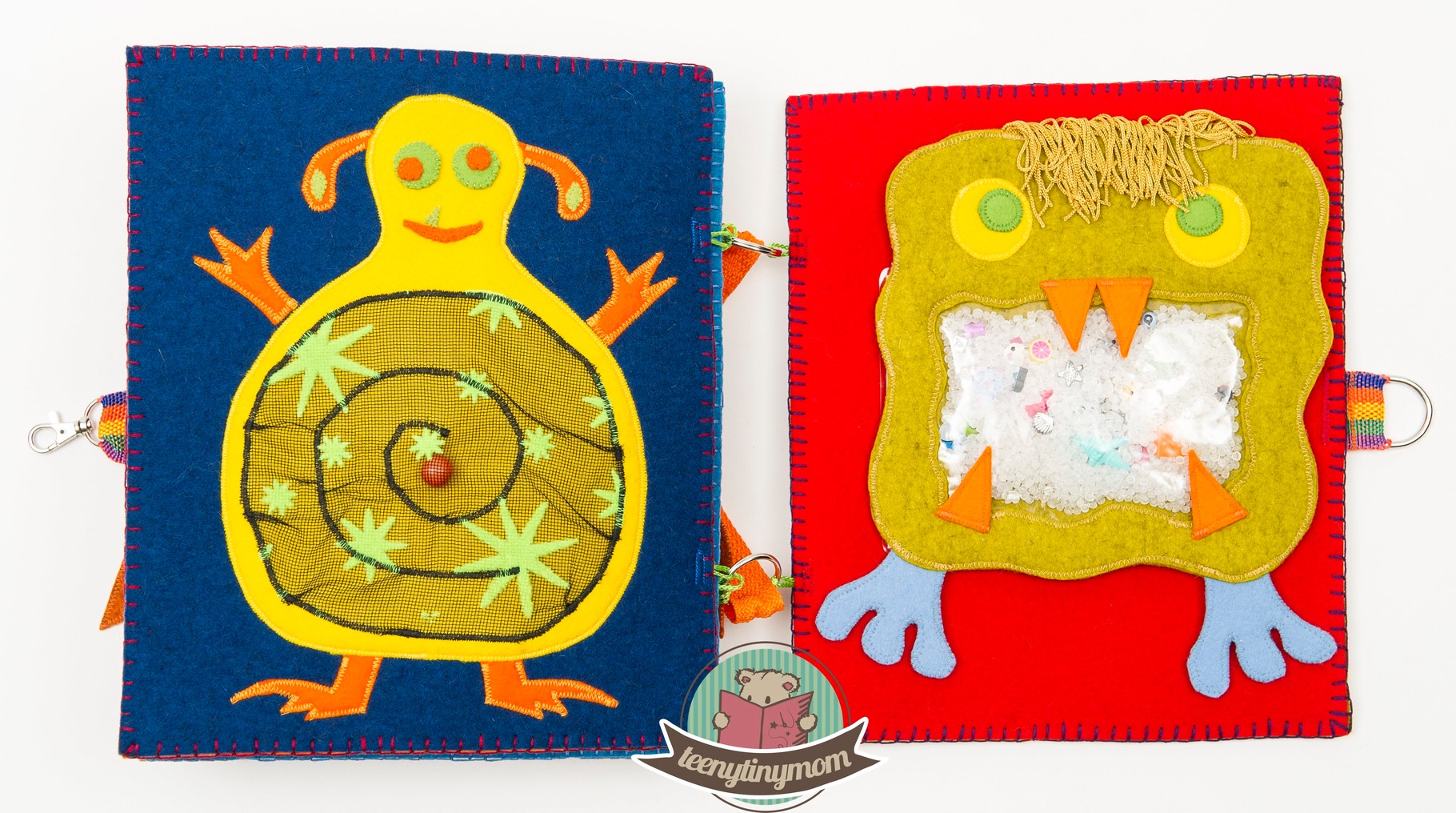 The marble monster has a wooden bead in its belly. The I spy monster has hidden bits and pieces. 