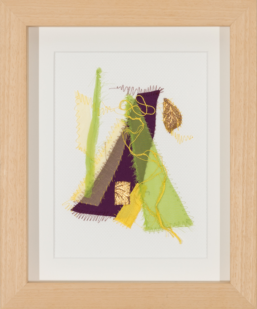 Stoppard, Stoffcollage, Collage, Stoff, Seide, Organza, indische seide, rahmen, gerahmt, grün, gelb, magenta