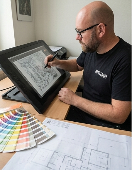 Wandbild-Design: Patrick von Appolloart erstellt digitalen Entwurf für ein Wald-Fassadenbild am Grafiktablet.