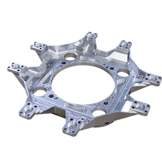 Aluminium, Dimensionen ca. 800x800x100mm, diverse Fräsungen innerhalb einiger hundertstel sowie Form- und Lagetoleranzen unter 0.04mm