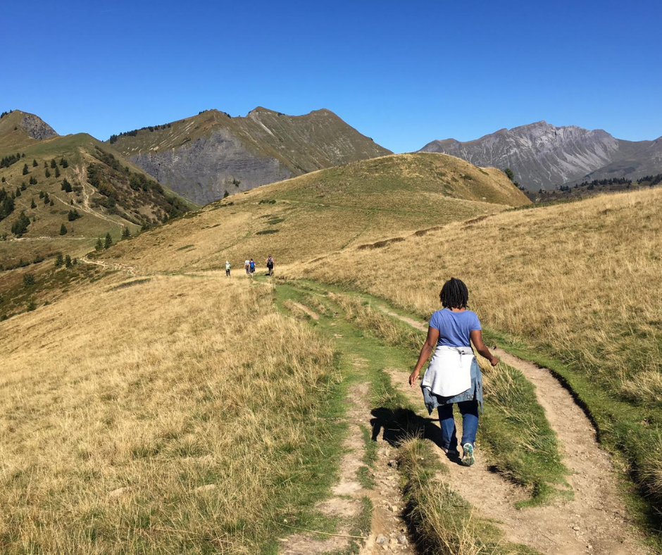 Walking back down the mountain towards a well deserved lunch.