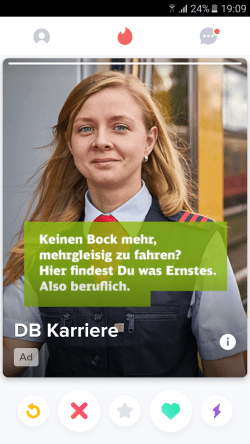 Werbung "DB Karriere", Deutsche Bahn AG. Quelle: Tinder (Screenshot)