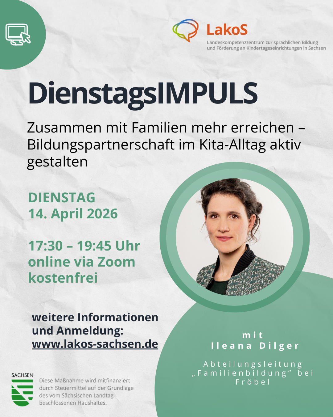 DienstagsIMPULS am 14. April 2026: Zusammen mit Familien mehr erreichen – Bildungspartnerschaft im Kita-Alltag aktiv gestalten
