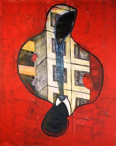 Titel: (Från serien: Män i slips, 2018) Dragkedjan. Mått:145*114 cm. Teknik: Blandteknik