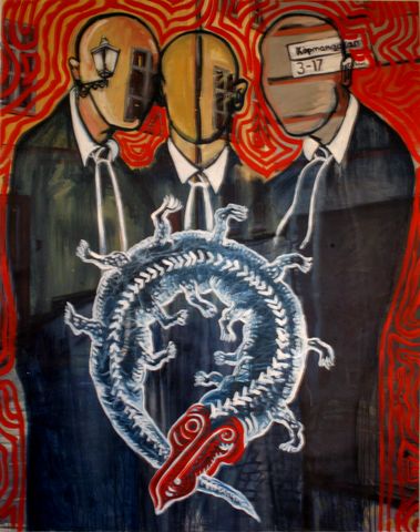 Titel: (Från serien: Män i slips, 2018) Krokodilens svans. Mått:145*114 cm. Teknik: Blandteknik