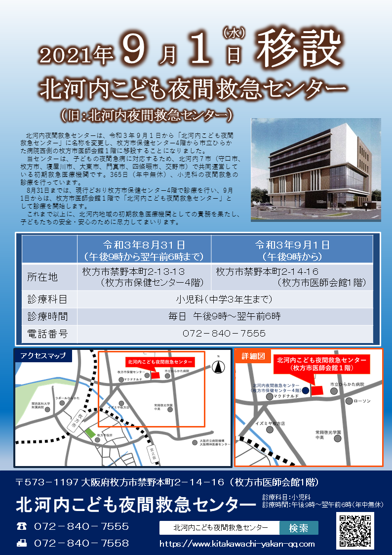 本日夜から北河内夜間救急センターが移転しています 保坂小児クリニック 枚方市香里ケ丘の小児科