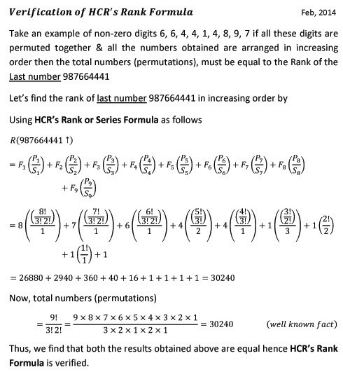 Verification of HCR's Rank Formula derived by Mr H. C. Rajpoot in Feb, 2010 