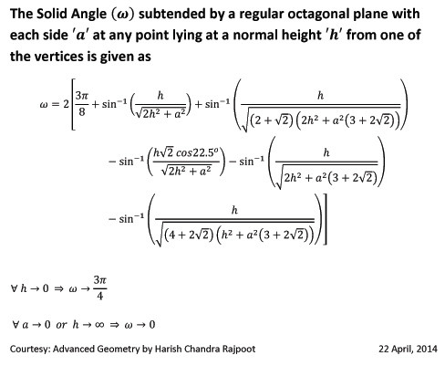 Derivation by H. C. Rajpoot for solid angle covered by a regular octagonal plane