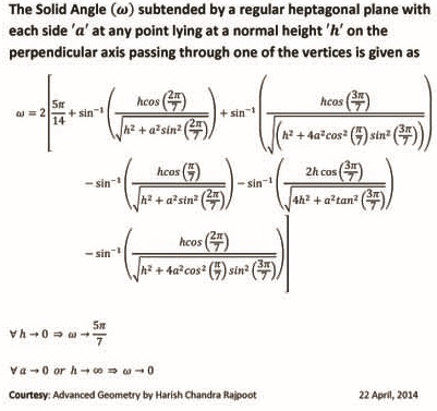 Derivation by Mr H. C. Rajpoot for the solid angle subtended by a regular heptagon using HCR's Theory of Polygon
