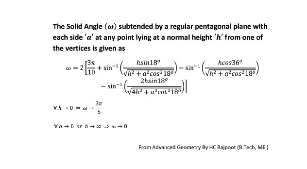Solid angle covered by a regular pentagonal plane derived by using HCR's Theory of Polygon-2014