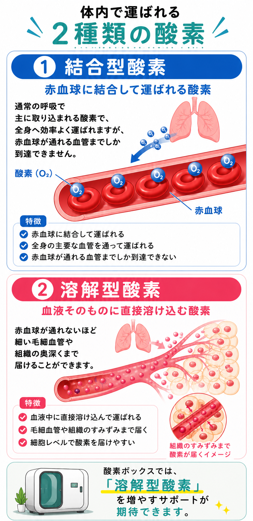 結合型酸素と溶解型酸素の違いを説明するイメージ