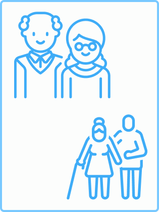 齢の家族を笑顔で支え、一緒に歩く家族のイラスト