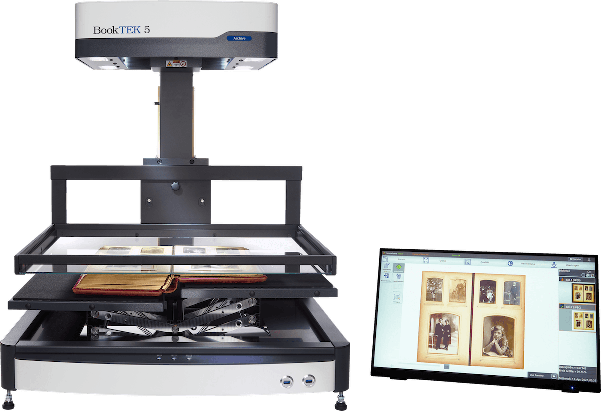 Buchscanner A2 BookTEK 5 V2 Archive Buchwippe in flacher Stellung Glasplatte oben