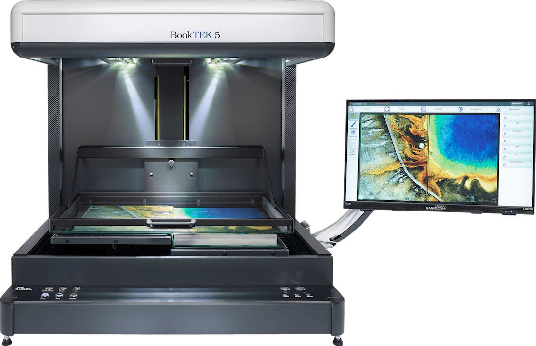 Buchscanner A2 BookTEK 5 V2S Semiautomatic Buchwippe in flacher Stellung Glasplatte unten mit Buch