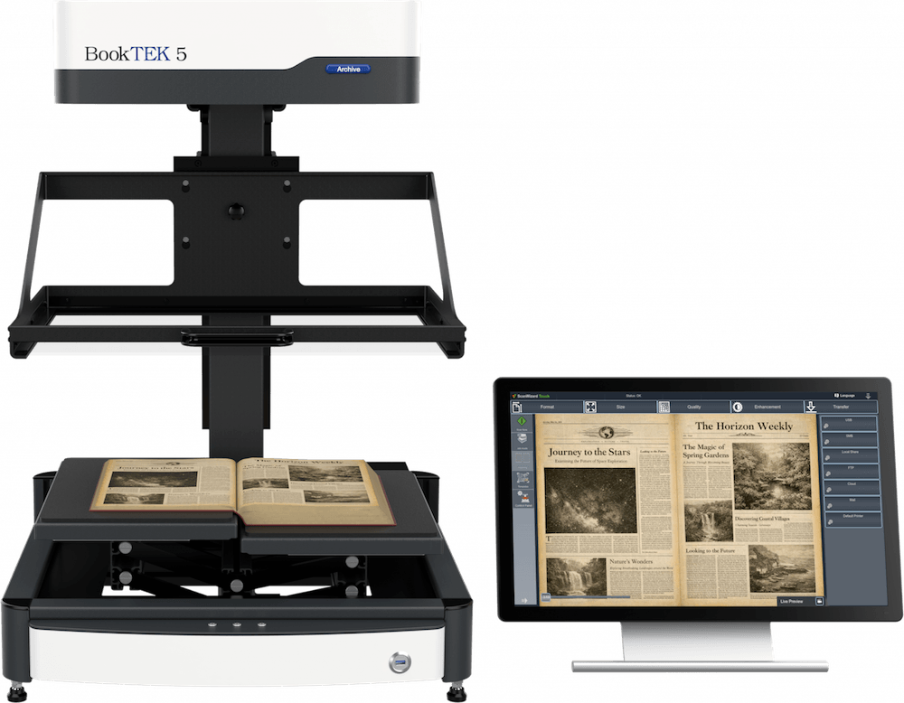 Buchscanner BookTEK 5 V2 Archive mit Buch flache Glassplatte oben 