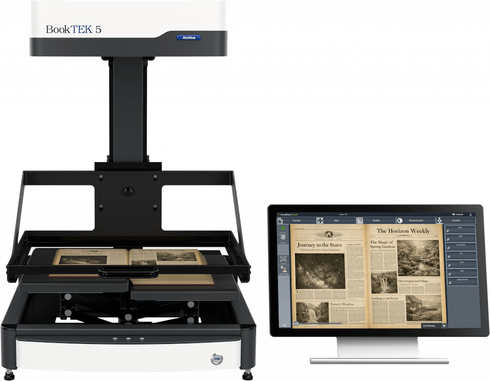 Buchscanner BookTEK 5 V2 Archive mit Buch flache Glassplatte unten 