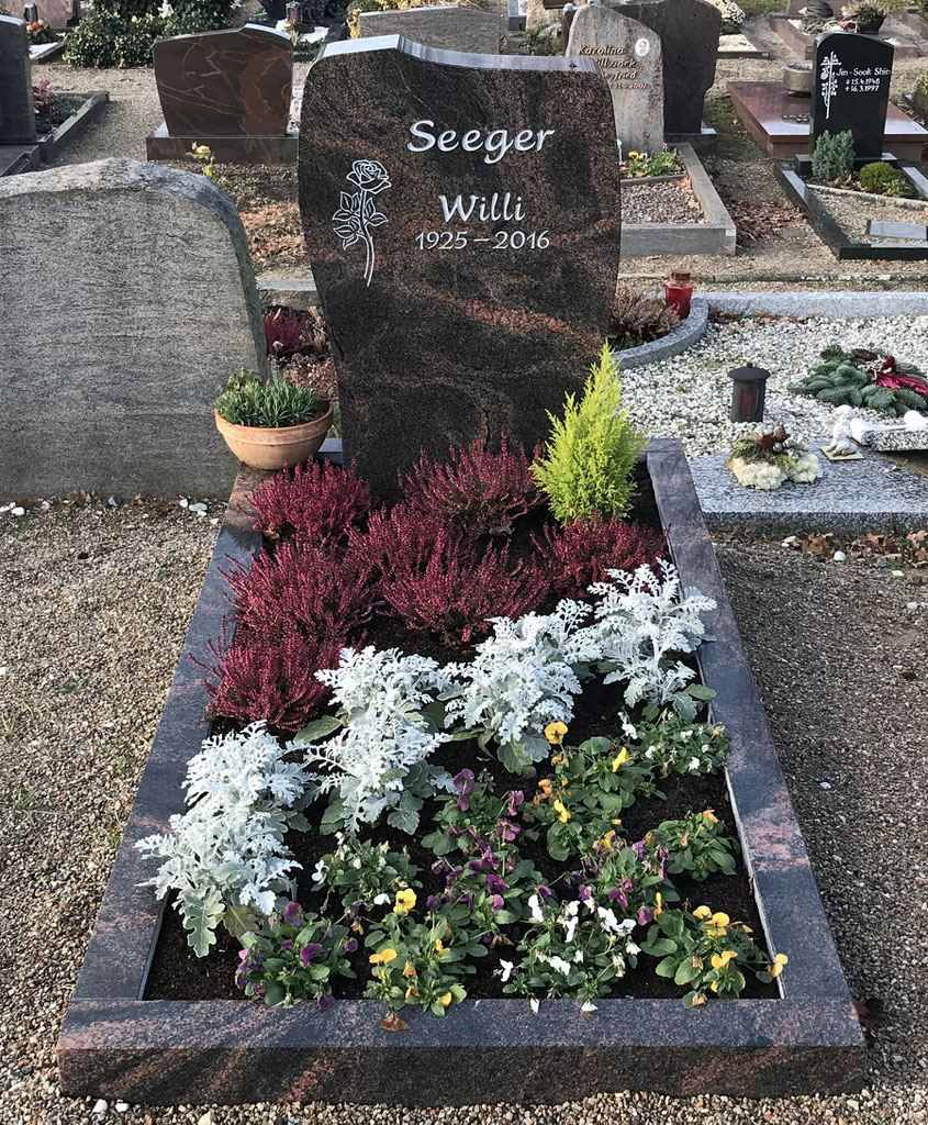 Grabstätte aus Aurora, Schrift & Rose vertieft eingearbeitet, Tönung: Hellgrau, Bickenbach