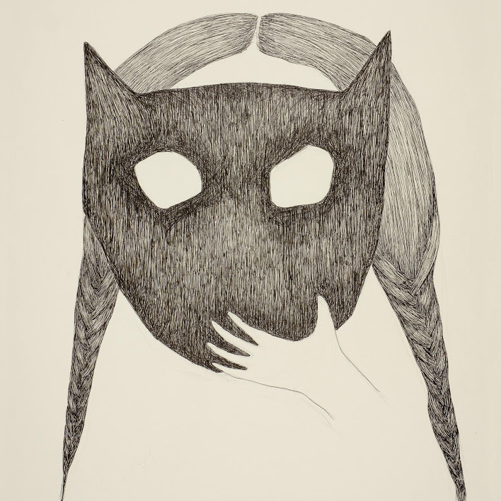 "Sororités (masque)" -dessin, encre et feutre - 32,5 x 50 cm - 2019. Oeuvre de Bilitis Farreny