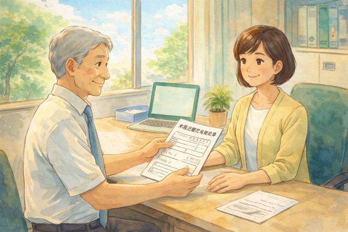定年後再雇用で有給休暇を申請する労働者と担当者が相談している様子のイラスト