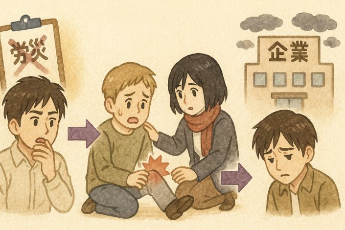 労災を隠した場合の従業員への影響と、企業が信用を失うリスクを示したイラスト。