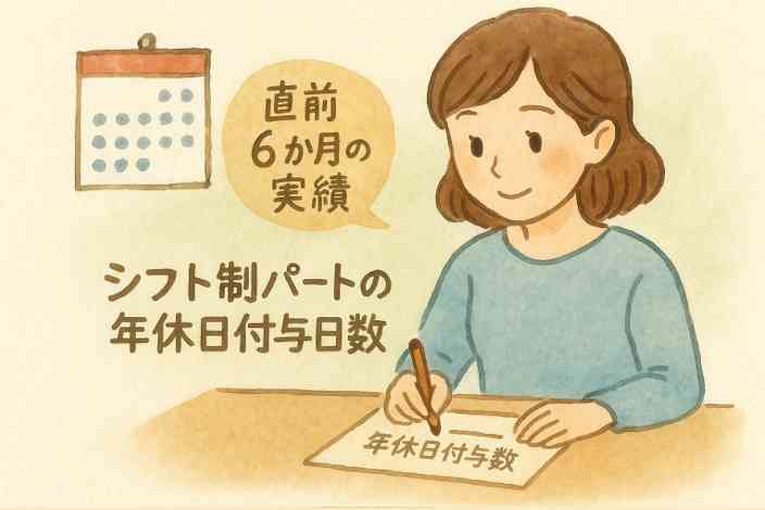 シフト制で働くパート労働者が直前6か月の実績をもとに年次有給休暇の付与日数を確認しているイラスト。