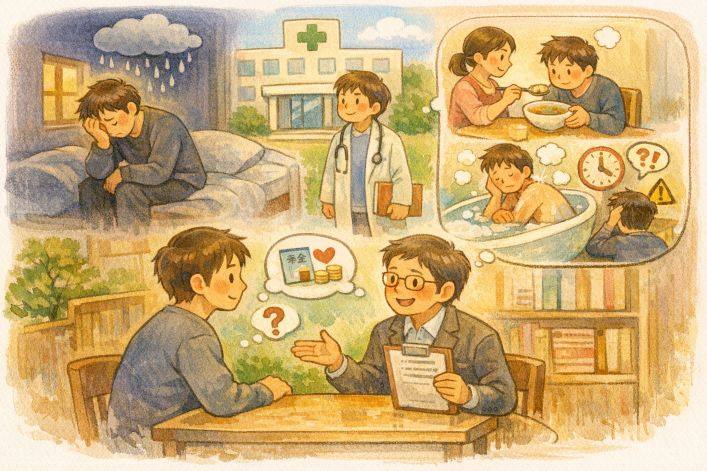 精神障害により日常生活や就労で支援が必要な状況と、医療や専門家と相談しながら障害年金を検討する様子を表したイラスト