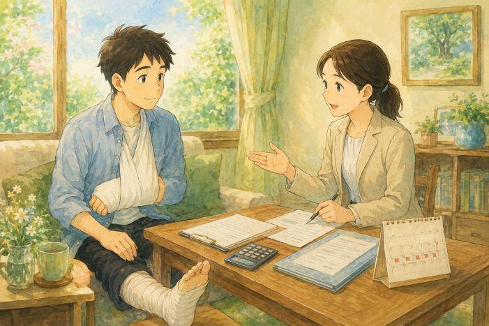 新卒が連休中にケガをした場合の傷病手当金の受給要件と計算方法を社労士が説明しているイメージ