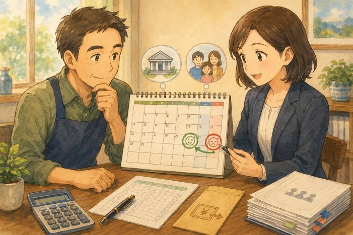 給与サイクル変更について、社労士がカレンダーを使って月末休日の支払日を説明しているイラスト