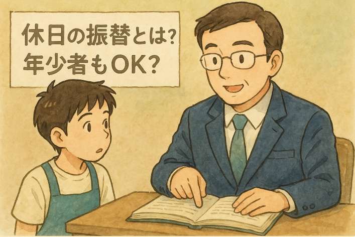 年少者（高校生アルバイト）から休日の振替が可能か質問を受け、社会保険労務士が労働基準法の考え方を説明しているイラスト。