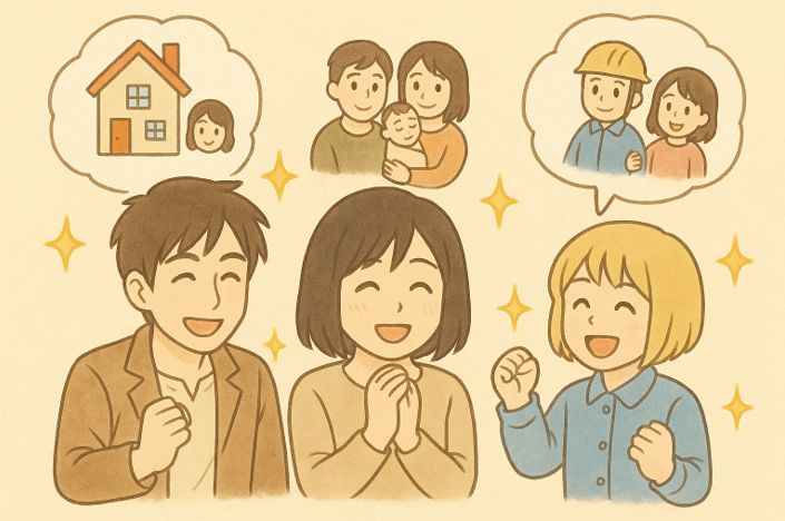 遺族年金と労災遺族補償年金の違いを理解し、どの制度で請求するかを検討して安心する家族のイラスト。共働き世帯が受給の可否や有利な制度を確認している様子。