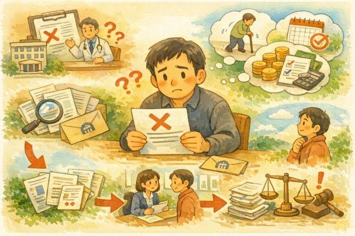 障害年金の不支給理由通知書を受け取り、内容に悩む様子を描いたイラスト