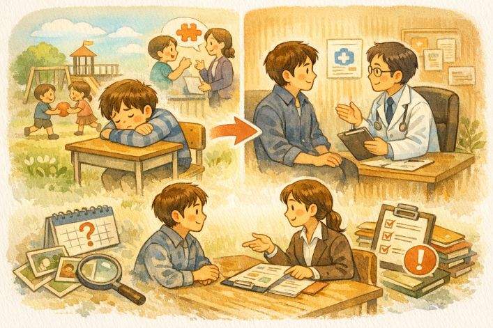 発達障害における初診日の考え方と、幼少期の状況から受診・相談までの流れを示したイラスト