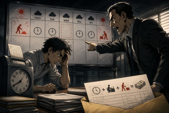 同じ週の欠勤と休日労働について、勤務表とタイムカードを前に割増賃金の計算で悩む従業員と会社担当者のイラスト