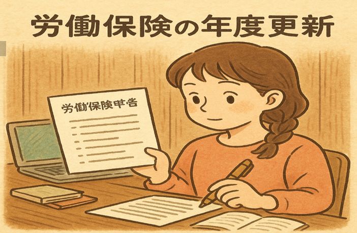 労働保険の年度更新をテーマに、机に向かって申告書を確認・記入している女性のイラスト。労働保険申告書、パソコン、書類を使って年度更新の手続きを行う様子を表している。