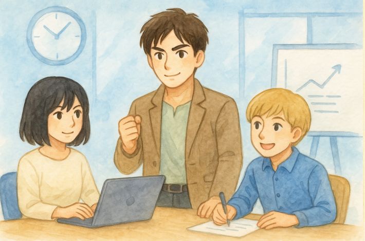 フレックスタイム制の職場で、上司と部下がパソコンを囲み労働時間や残業管理を確認しているイメージイラスト