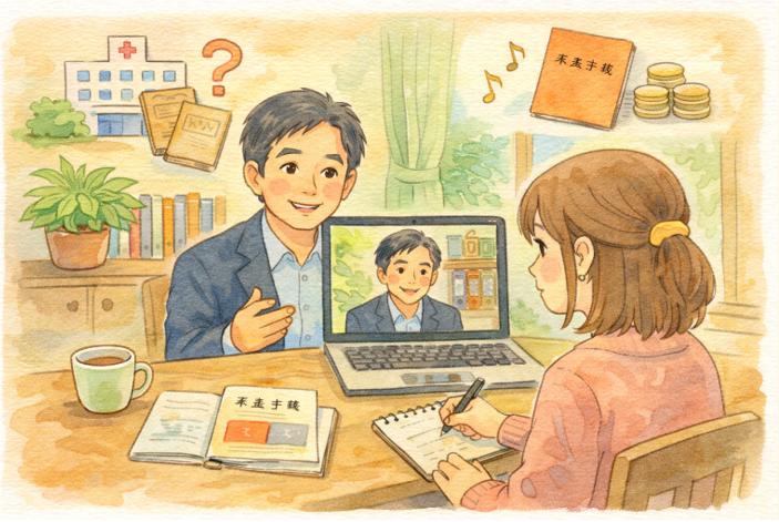 初診日が分からない状況で、オンライン相談により障害年金の請求を検討している様子を表したイラスト