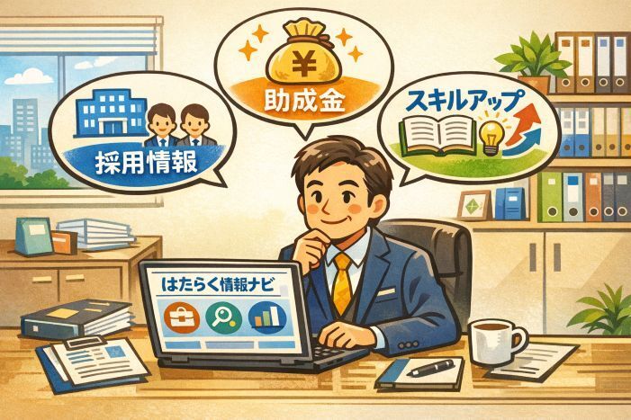 厚生労働省の「みんなの労働ナビ」をイメージしたイラスト。事務所でパソコンを見る事業主の周囲に、採用情報、助成金、スキルアップの吹き出しが表示されている。