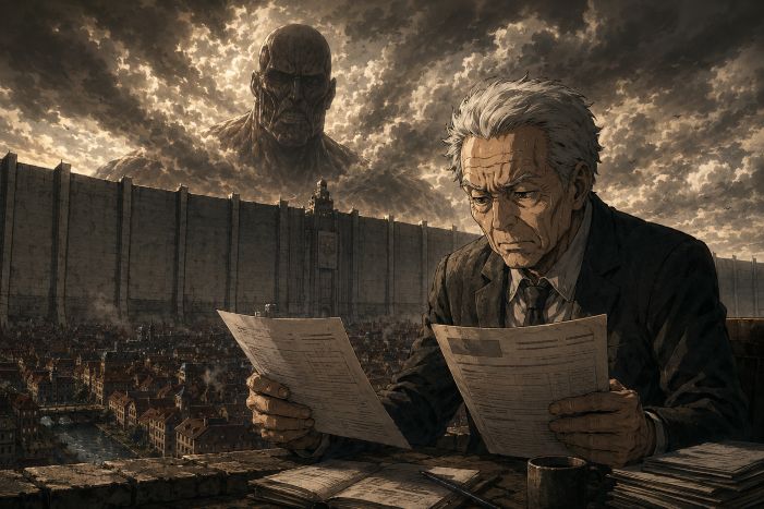 70歳以降も会社で働く高齢者が、給与と年金書類を確認しながら在職老齢年金の影響を考えるイラスト