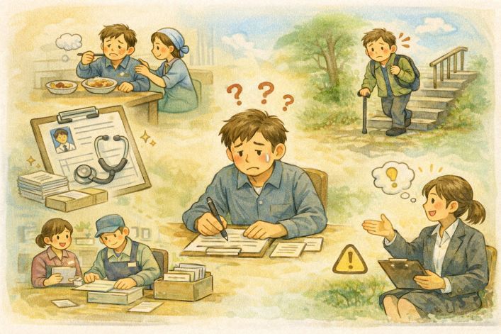 障害年金の申立書を作成する際に、日常生活や就労状況の書き方を整理する流れを描いたイラスト
