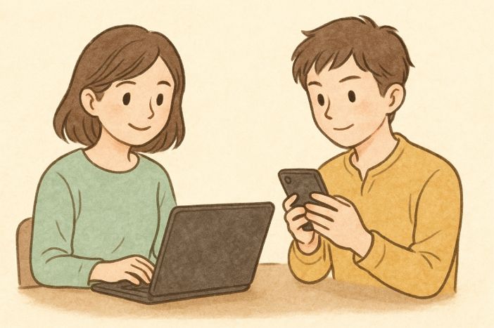 スポットワークの仕事に応募し、スマートフォンとパソコンで契約内容を確認する男女のイラスト