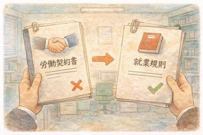 労働契約書と就業規則を比較し、就業規則整備の重要性を示すイラスト