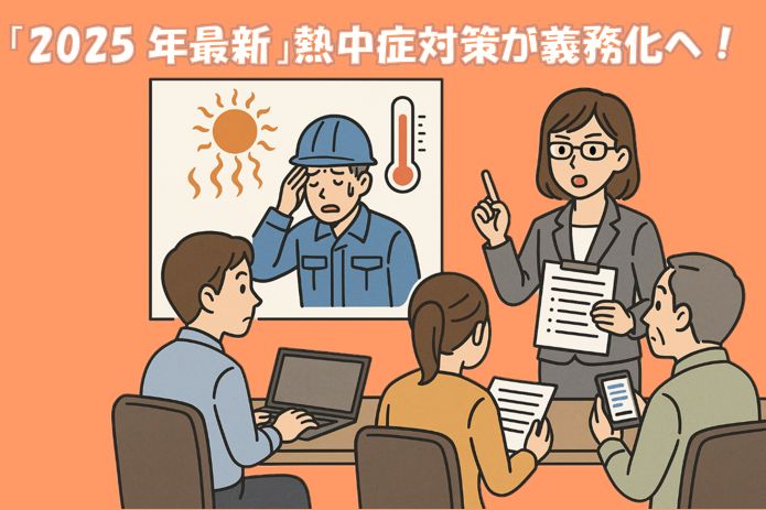 熱中症対策の義務化について、事業者が従業員に対し現場掲示や資料を用いて説明・周知している様子のイラスト